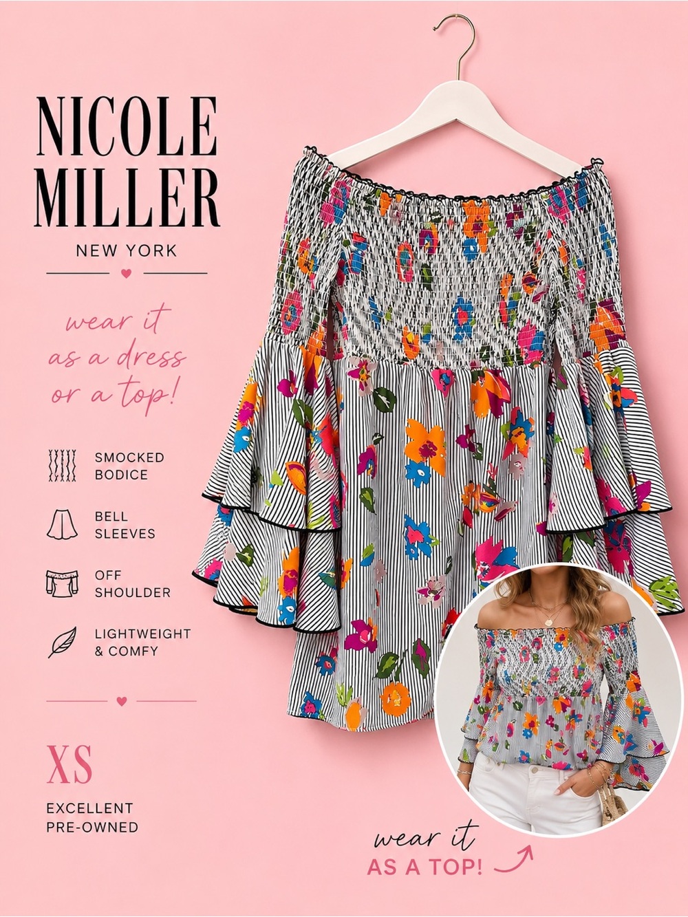 Nicole Miller NY Convertible Floral Off Shoulder Smocked Dress Top Bell Sleeve